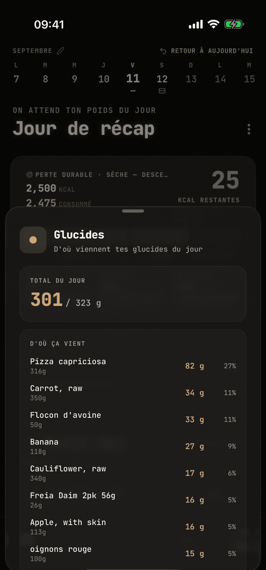 Les glucides d'une journée : la pizza en fait 27 %, puis la carotte, les flocons, la banane
