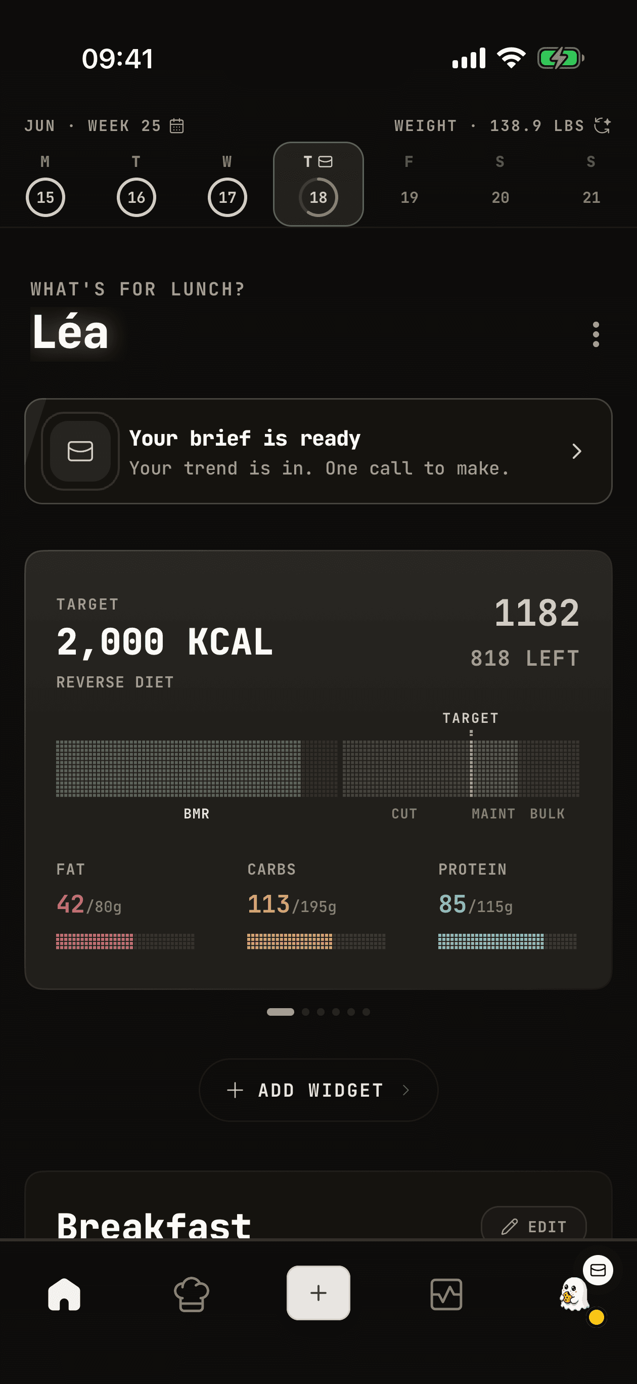 WhispCal AI calorie counter app dashboard showing daily calorie and macro tracking