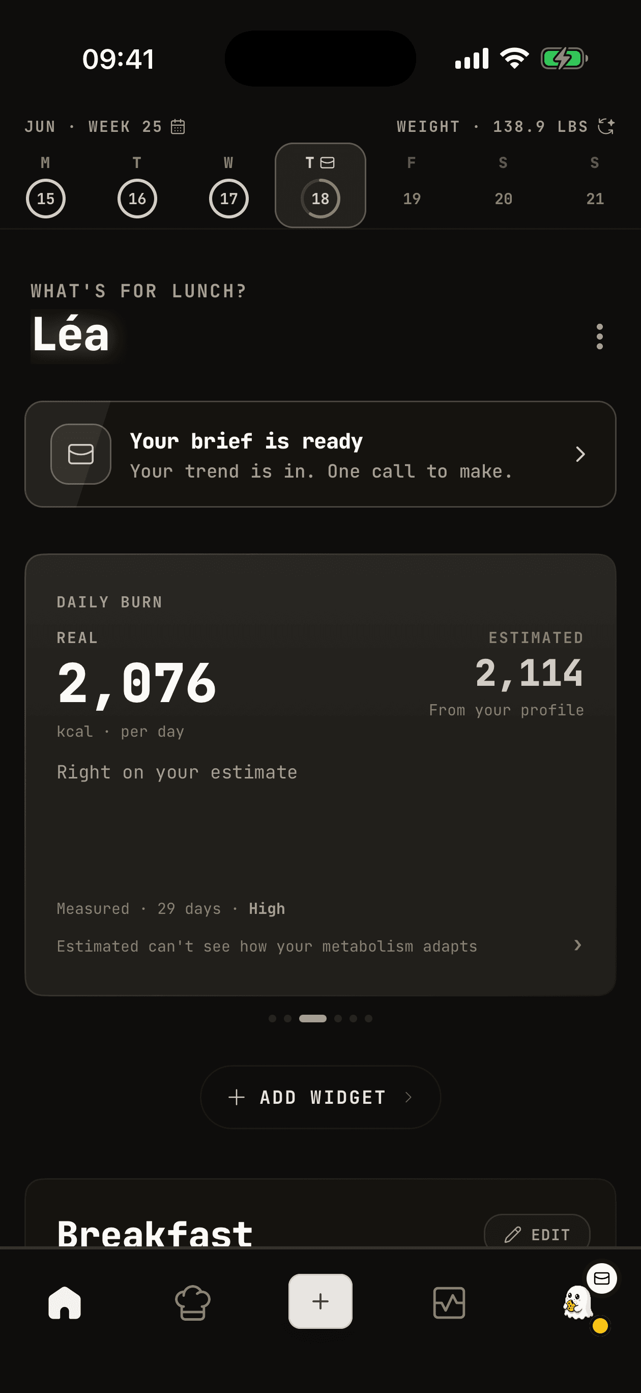 WhispCal Real Burn screen comparing measured daily burn against the estimated TDEE