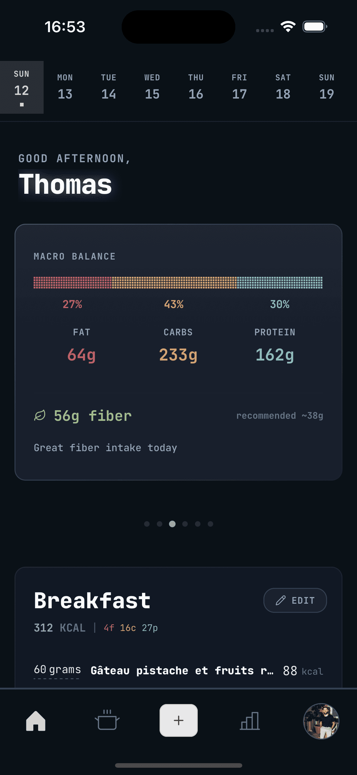 WhispCal macro balance view showing protein, carbs, and fat tracking with calorie ranges