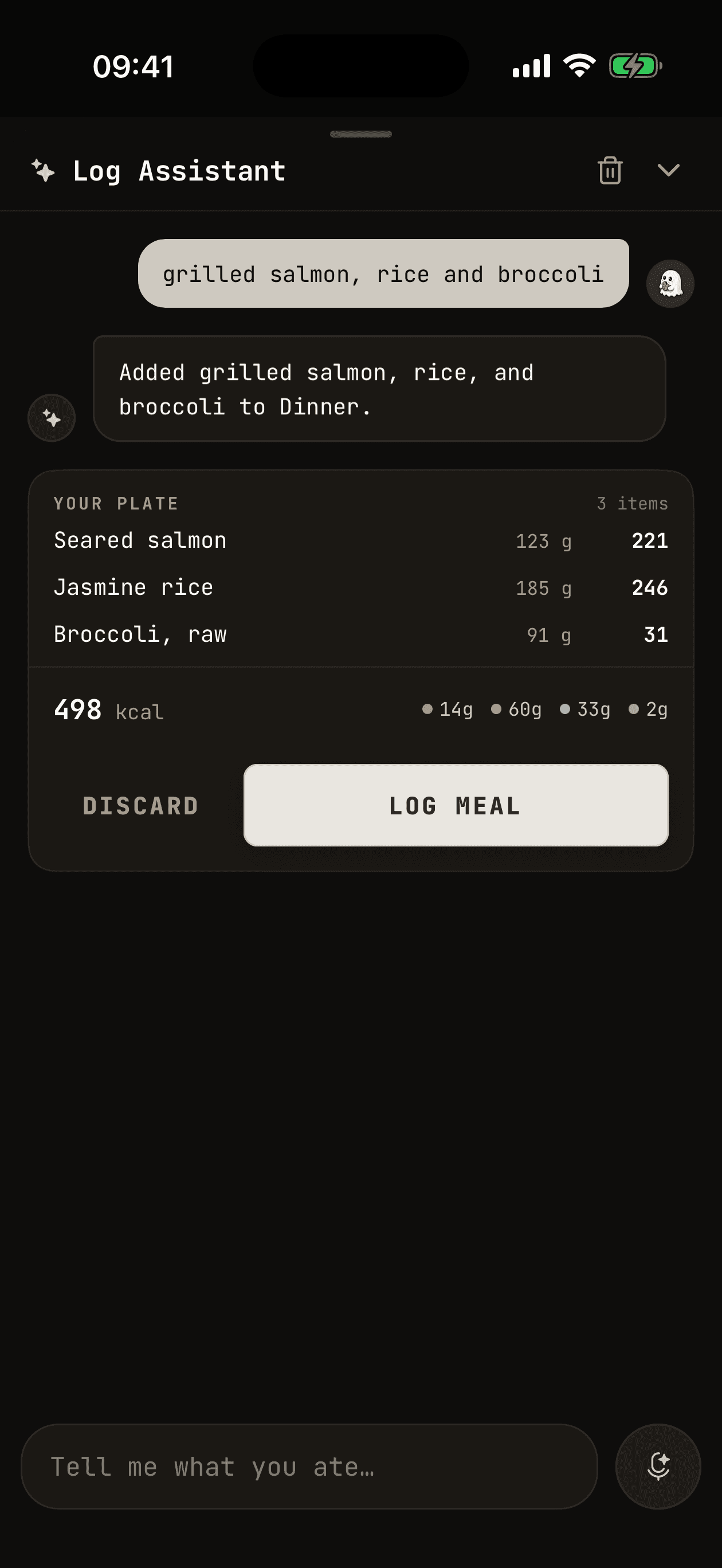 The Log Assistant turning one sentence into three foods, 498 kcal