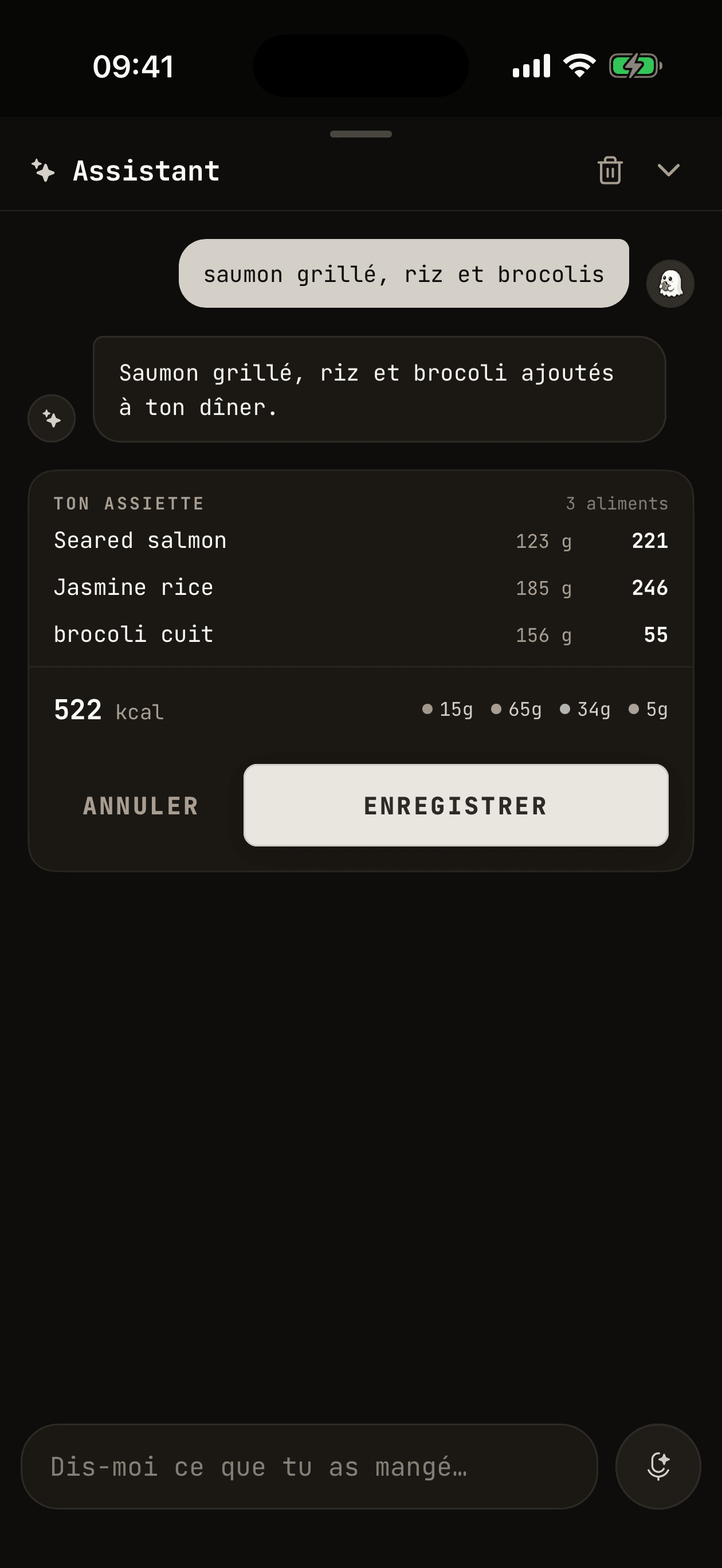 L'assistant transforme une phrase en trois aliments, 522 kcal