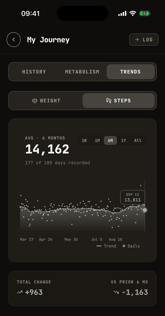 The same 6 months of steps, every day as it was measured