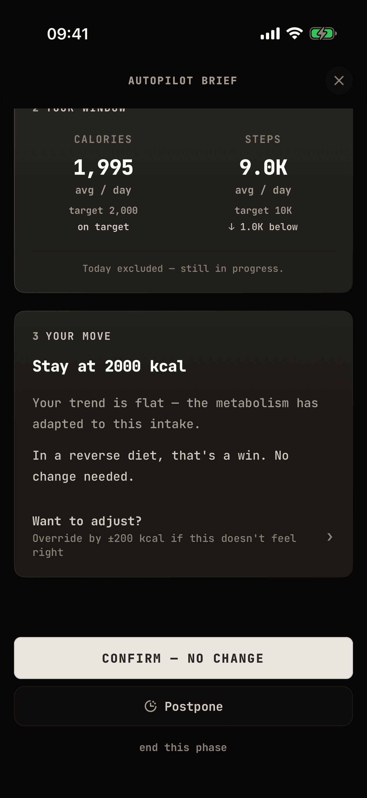 WhispCal Autopilot Brief with the weight comparison and recommended next step