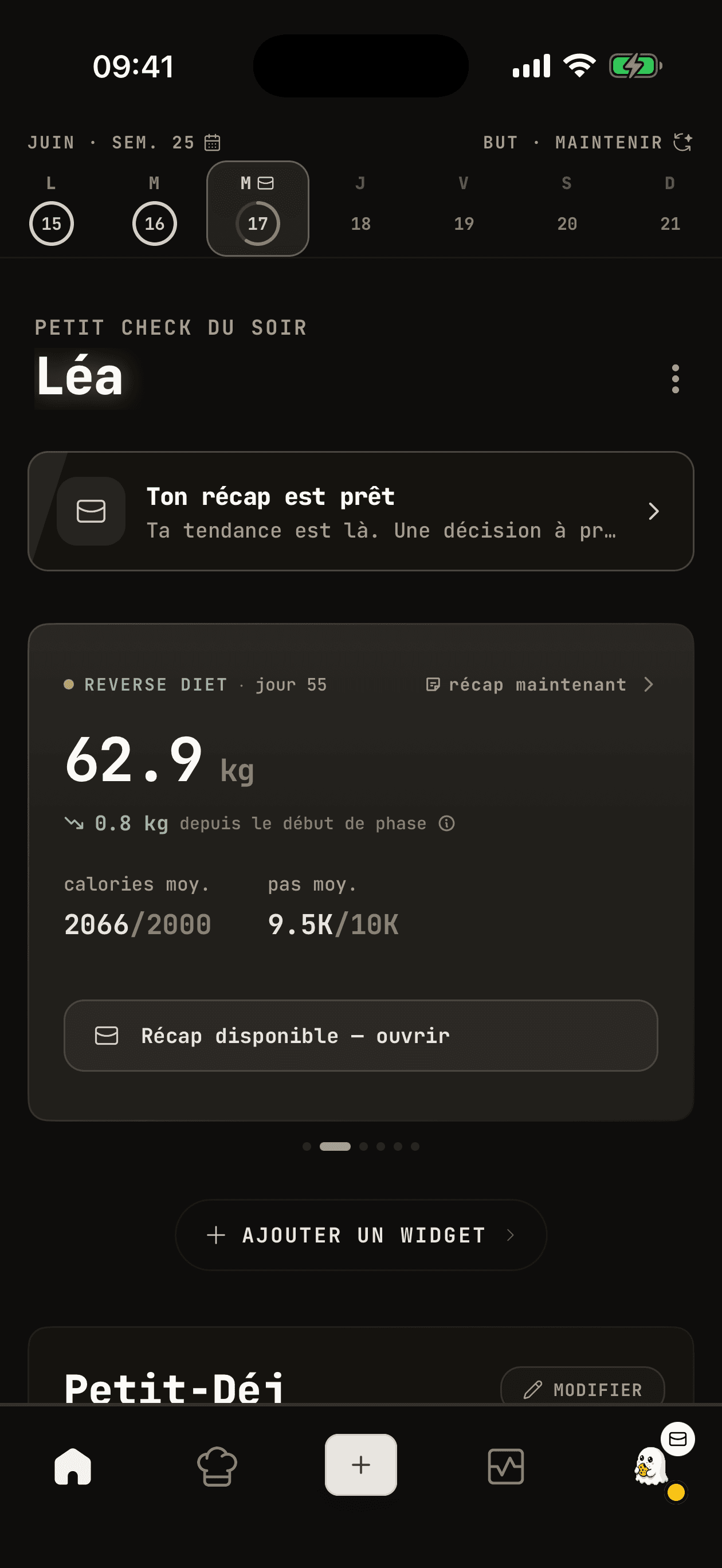 Mode autopilot WhispCal ajustant automatiquement les objectifs caloriques
