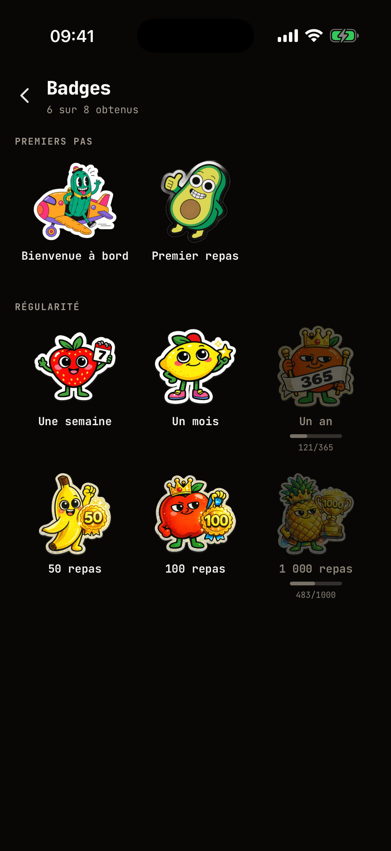 Écran des badges WhispCal montrant les personnages débloqués et la progression
