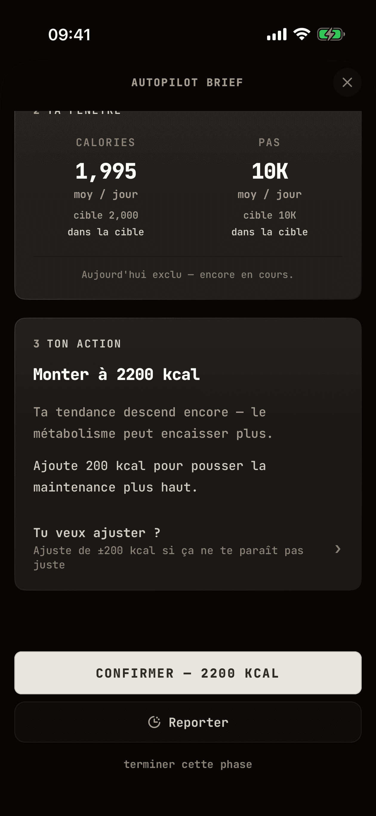 Récap Autopilot de WhispCal avec la comparaison de poids et la prochaine étape recommandée