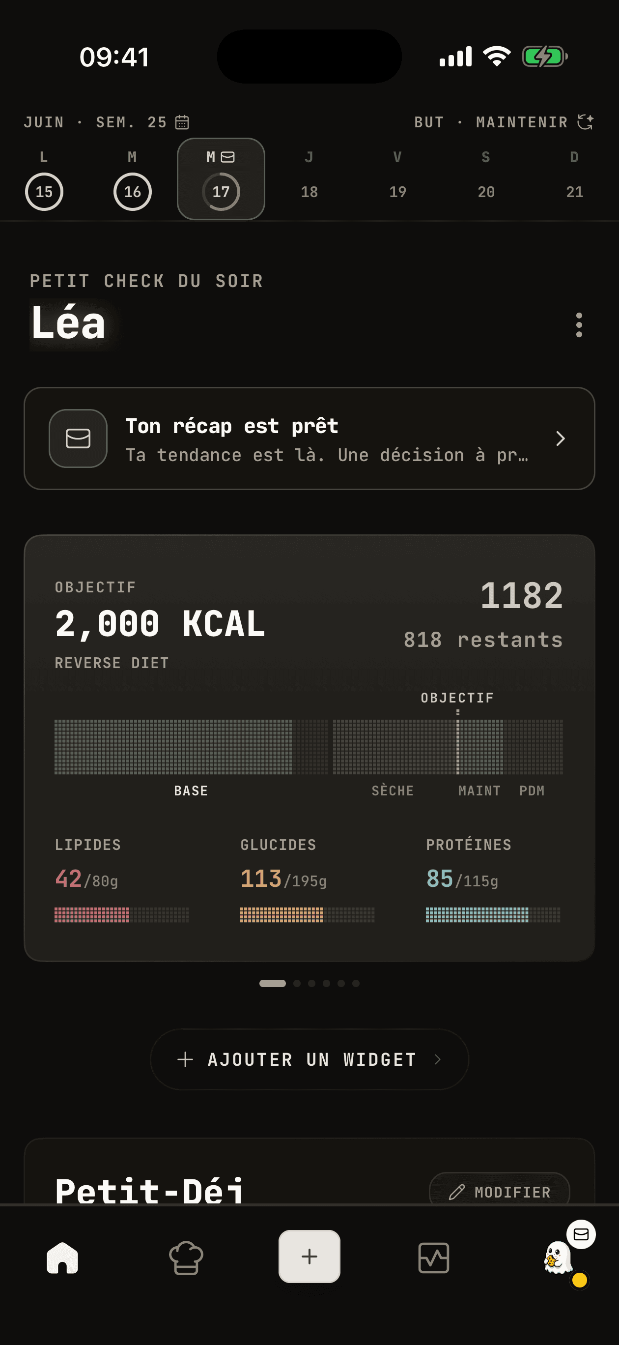 Tableau de bord WhispCal montrant le suivi quotidien des calories et des macros