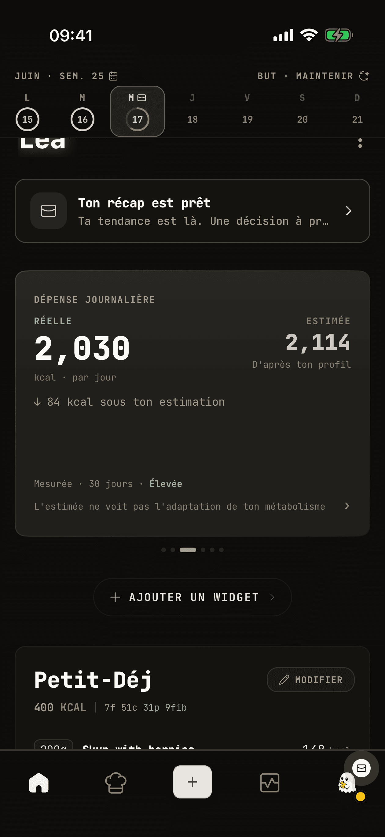 Écran Real Burn de WhispCal comparant le burn quotidien mesuré au TDEE estimé